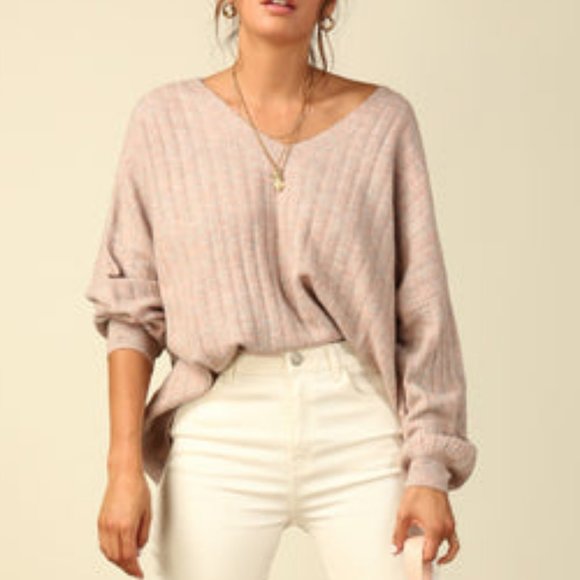 Revolve Line & Dot Andra Sweater Blush Pink Cozy Ribbed V-neck Oversized - Picture 1 of 10